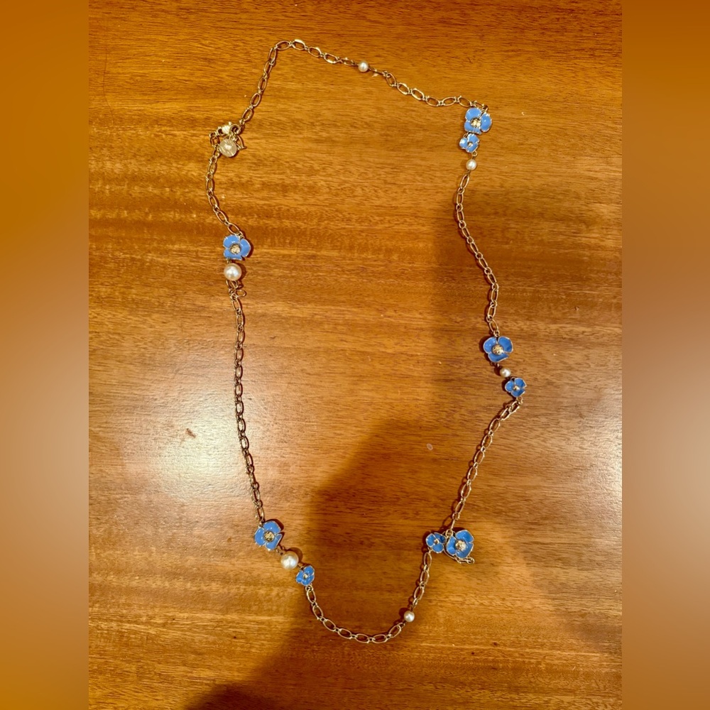 With Giftbox Tory Burch Blue Flower Station Necklace with Gold Chain
